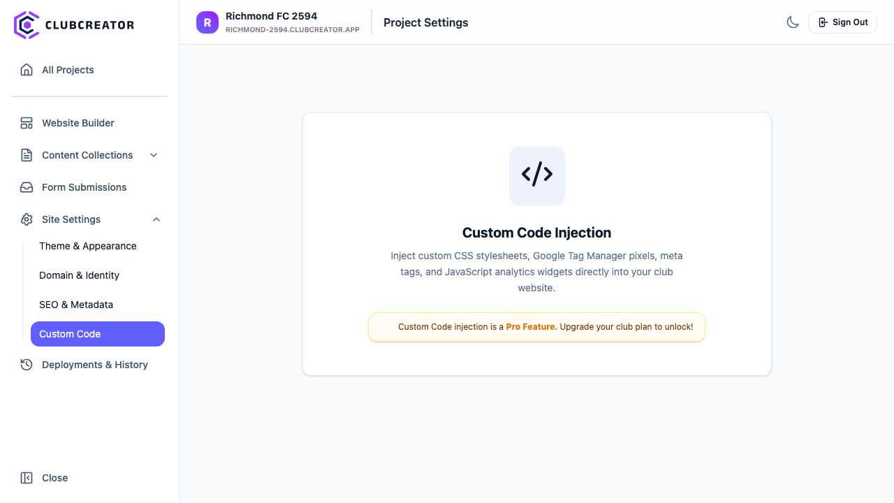 Custom Code Settings Navigation
