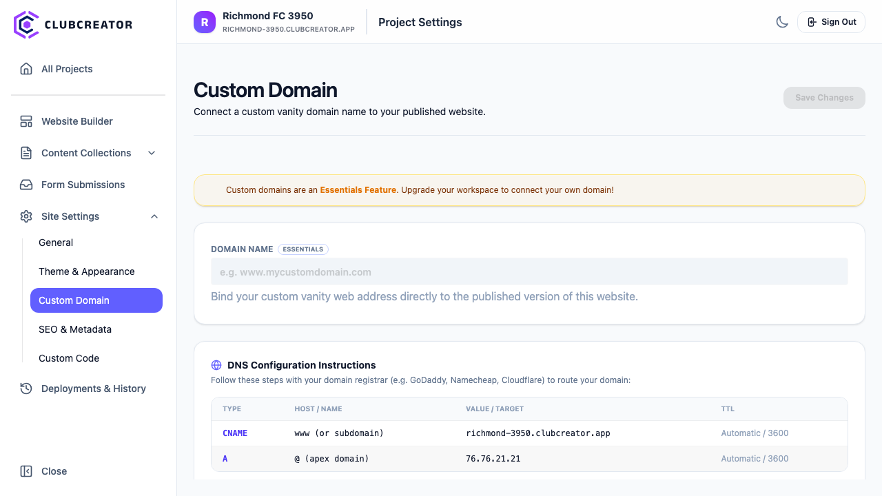 Project Settings Domain page