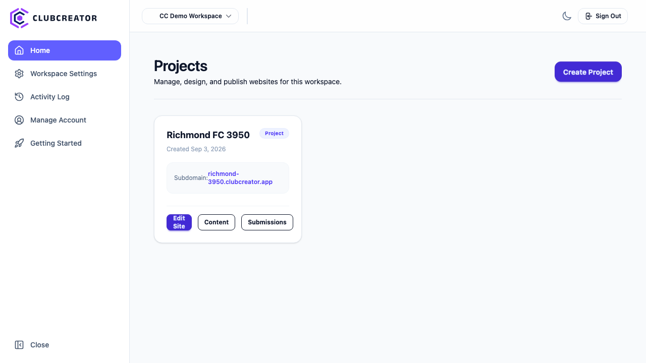 Workspace Dashboard projects list