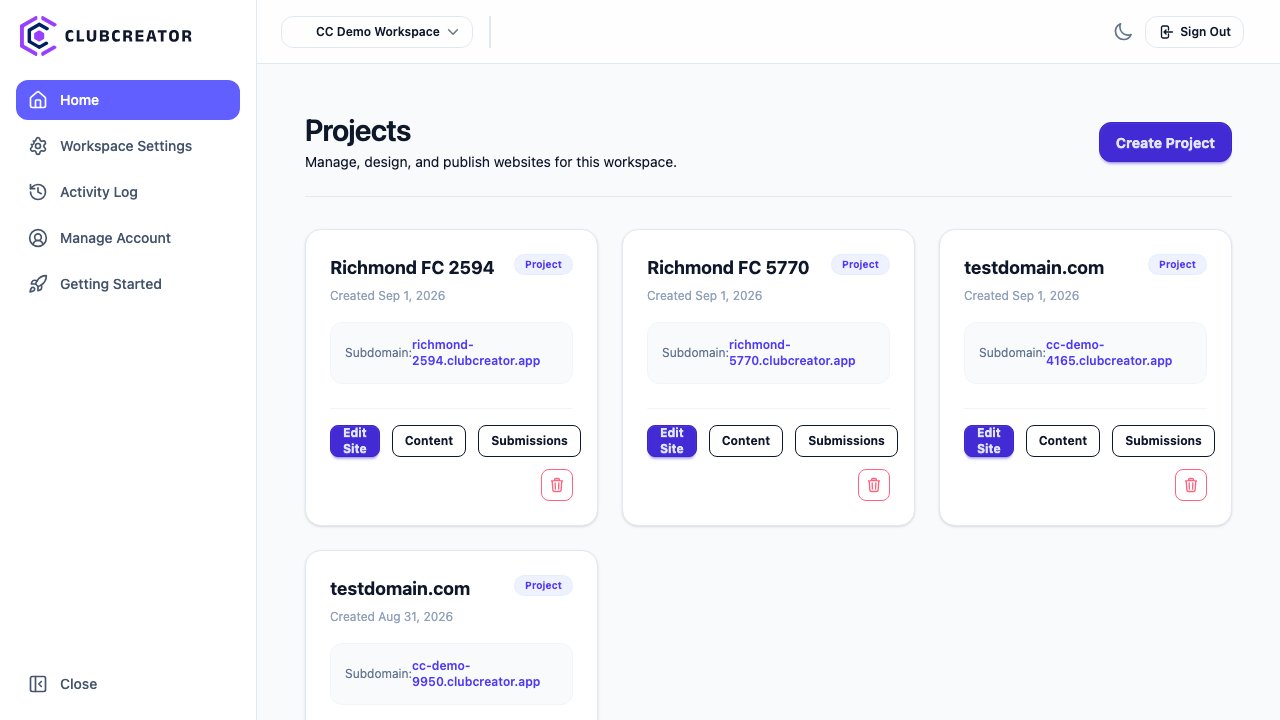 Workspace Dashboard showing active project cards