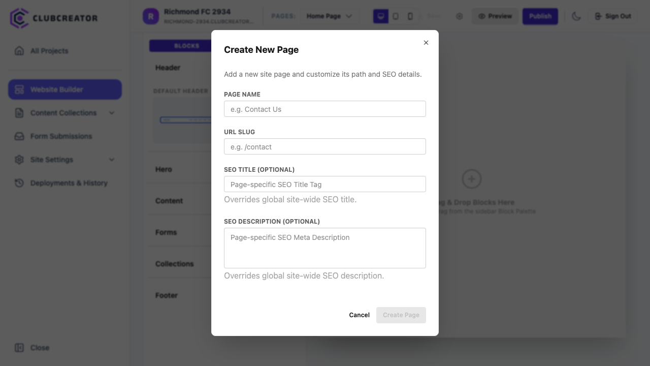 Create New Page Dialog