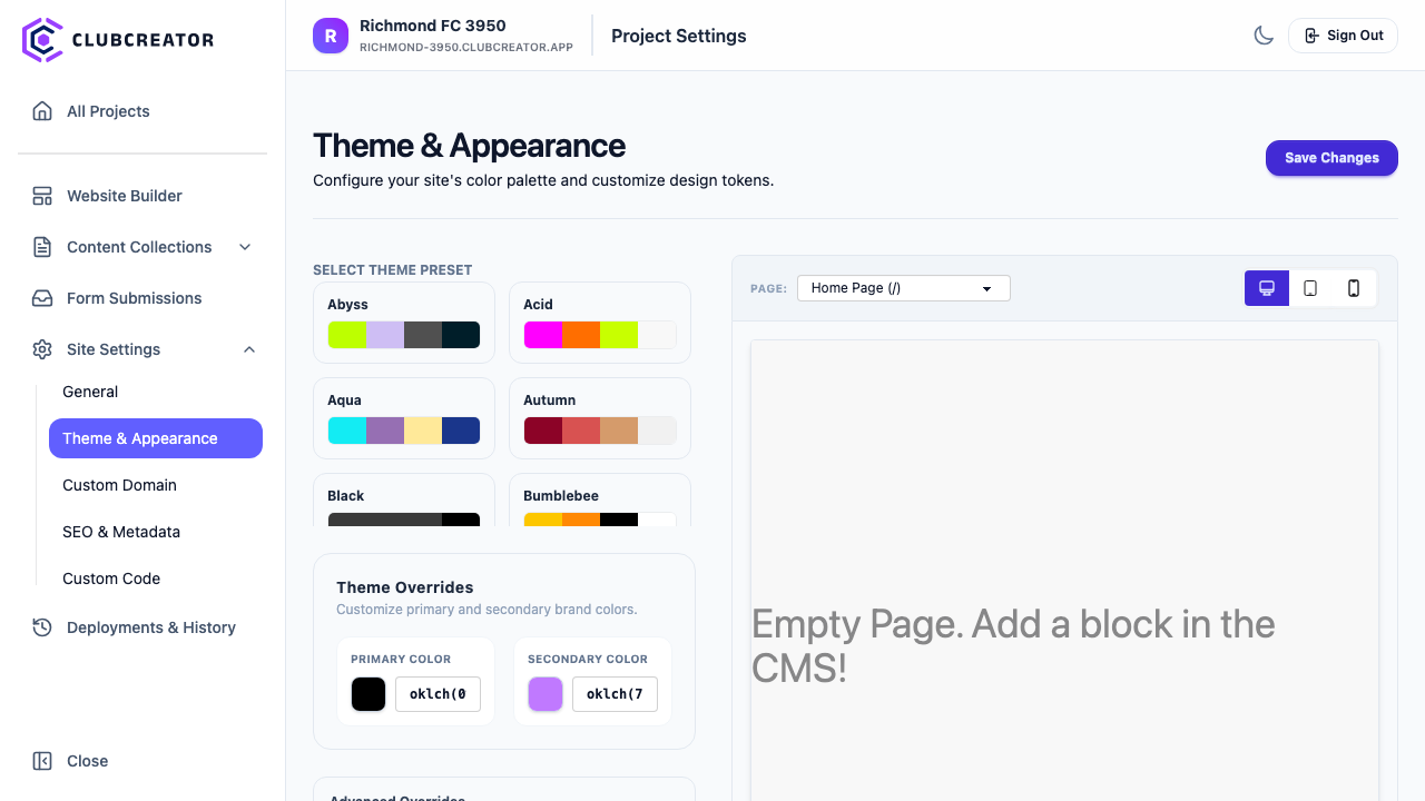 Project Theme Settings Navigation